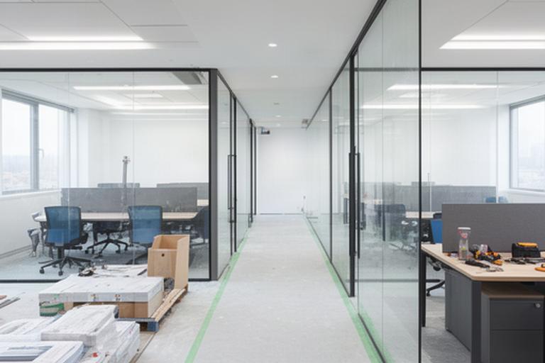 Office fit-out with glass meeting-room partitions, workstations and a clear route through the construction area