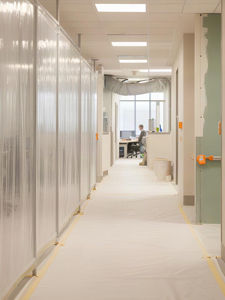 Protected corridor beside an occupied commercial workspace, with temporary dust partitions separating renovation activity from daily access