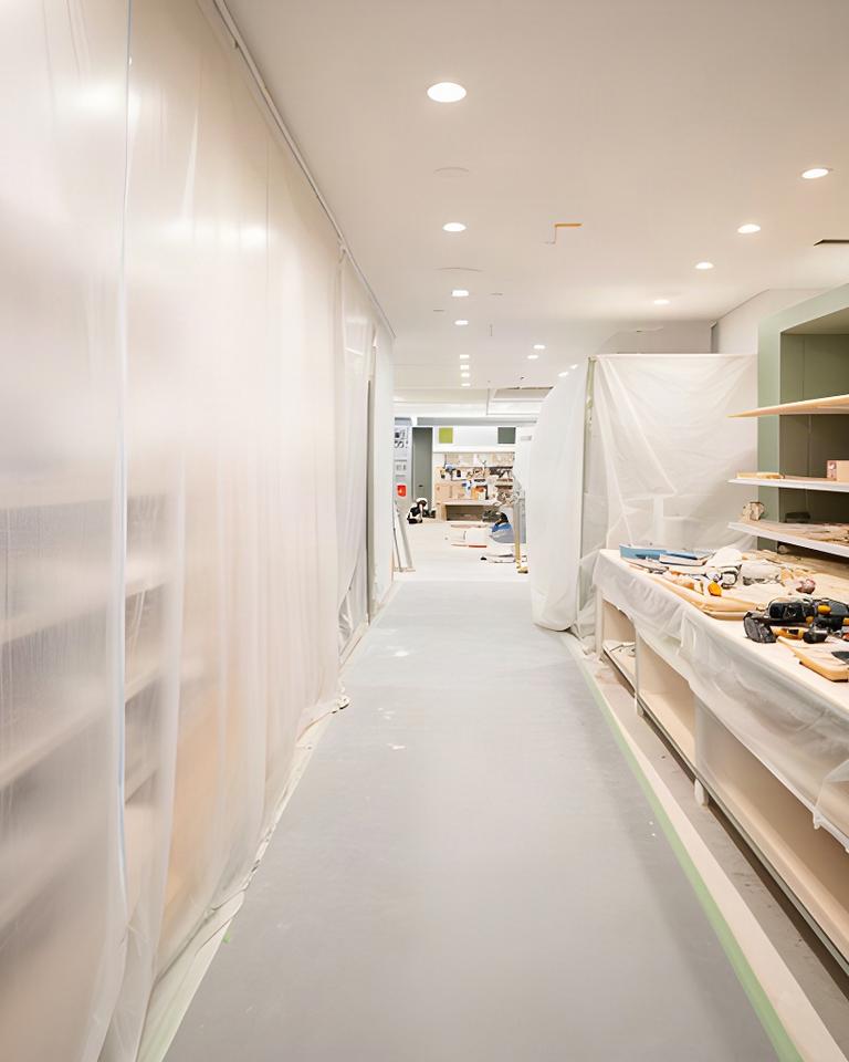 Retail renovation in progress with a protected work zone, covered shelving and a clear customer route through the store