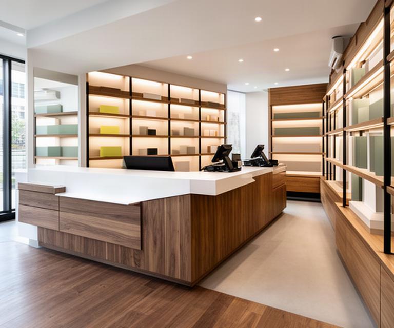 Retail shop interior with a custom wood service counter, illuminated product shelves and clear aisle space